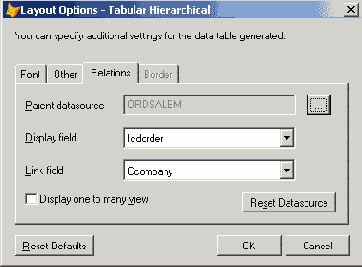 Вкладка Relations диалогового окна Layout Options