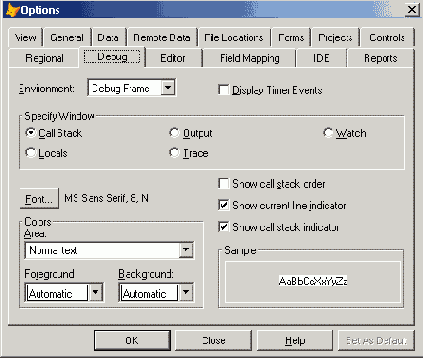 Вкладка Debug диалогового окна Options