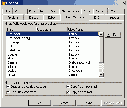 Вкладка Field Mapping диалогового окна Options