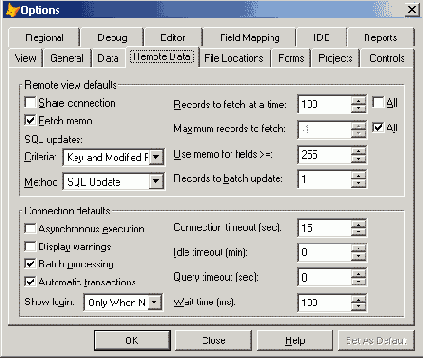 Вкладка Remote Data диалогового окна Options